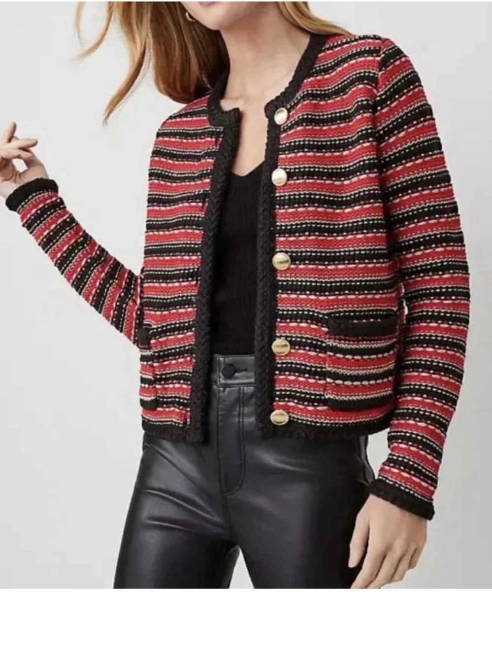 Ann Taylor Lurex Tweed Jacket Cardigan Red Stripe Gold Buttons NWT